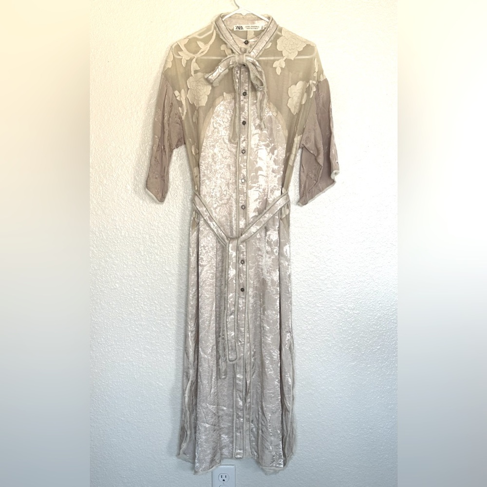 Zara Jacquard Floral Kaftan Tunic Belted Dress Sz S